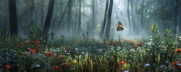 Misty forest clearing with a colorful butterfly fluttering among the flowers, 4K hyperrealistic photo