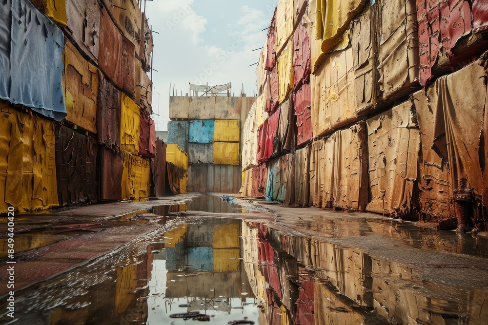 Poster a warehouse with many crates stacked on top of each other