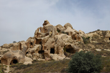 Rock-hewn dwellings at the Goreme Open Air Museum in Cappadocia, Turkey