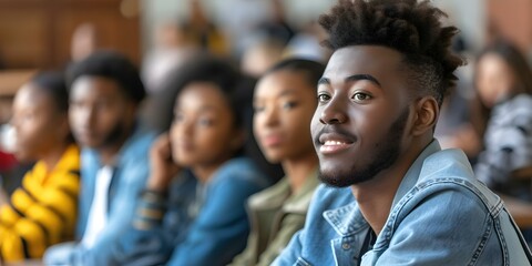 Obraz premium A Black student participates in a college lecture with classmates. Concept College, Lecture, Student, Diversity, Education