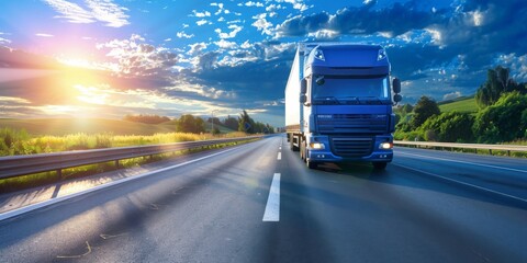 Sunset drive, blue delivery truck on a rural highway with a scenic backdrop