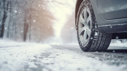 Car wheels in the snow on a winter slippery road