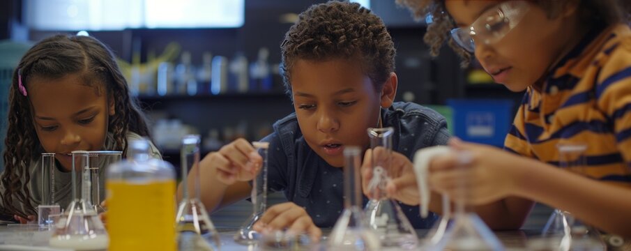 Kids making science projects for National STEM/STEAM Day, November 8th, engaging in hands-on learning, 4K hyperrealistic photo.