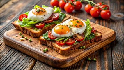 Wooden board featuring open face avocado toast with poached eggs and bacon, topped with cherry tomatoes, avocado