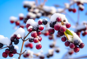 A branch covered in snow with bright red berries against a clear blue sky
