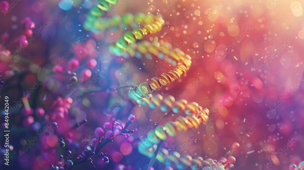 Poster abstract image of a dna helix with vibrant colors and bokeh lights.