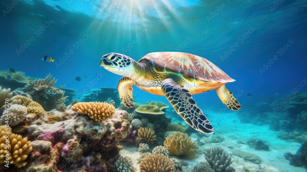 Wall mural wildlife photography of a green sea turtle swimming among colorful coral reefs,