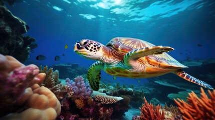 Wildlife photography of a green sea turtle swimming among colorful coral reefs, 