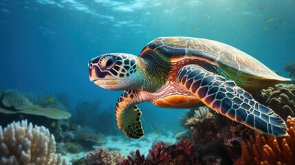 Obraz premium Wildlife photography of a green sea turtle swimming among colorful coral reefs, 