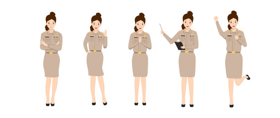 Woman Thai government officer, teacher, civil servant uniform, government job character, education worker character vector illustration
