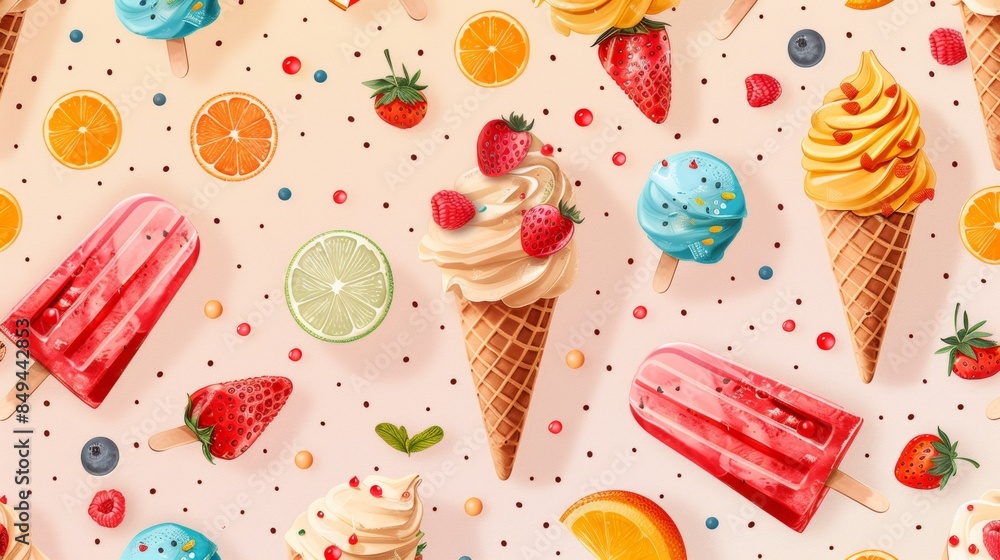 Poster seamless pattern of colorful ice cream cones and popsicles against a summary background.