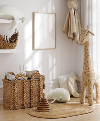 Mock up frame in children room with natural wooden furniture, 3D render