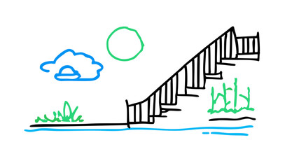 A simple, whimsical drawing of a staircase leading up to nowhere, with a shiny circular object, which could be the sun or moon, and a small cloud near it, against a transparent background.Generated AI