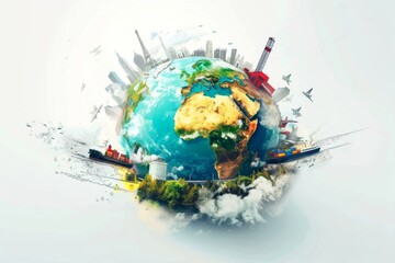 Earth surrounded by airplanes, trucks, and cargo ships symbolizing global trade and international commerce