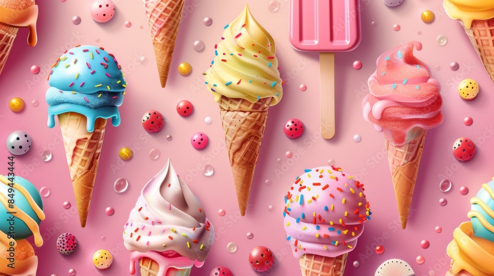 Poster seamless pattern of colorful ice cream cones and popsicles against a summary background.