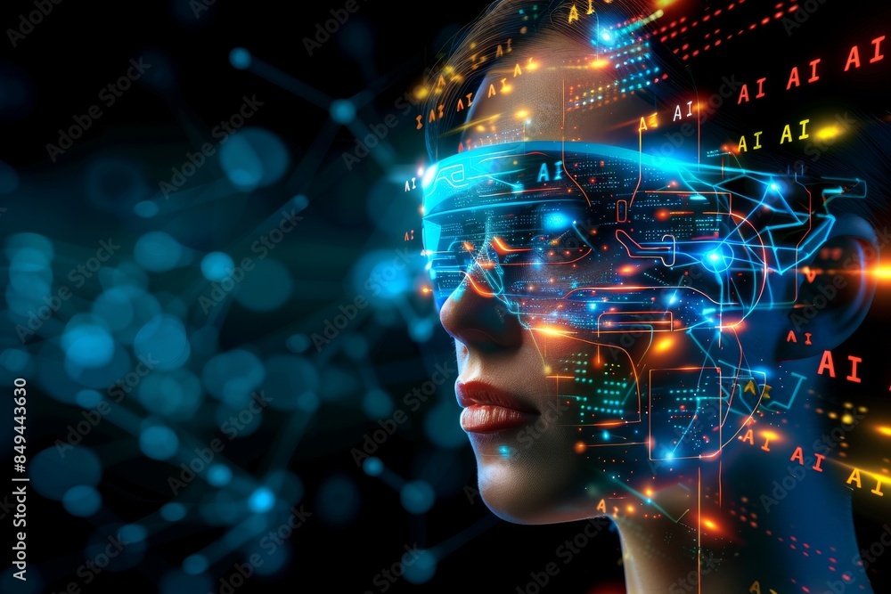 Poster female android interfaces with holographic ai projections, merging human and machine elements.
