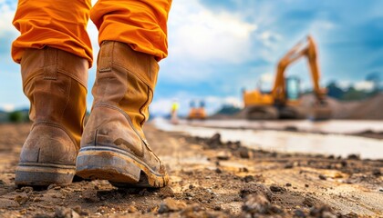 A seasoned road construction engineer,firmly secured, meticulously inspects the progress of expressway construction site, carefully traversing the terrain on foot to assess the quality and adherence 