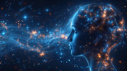 Digital art of a human profile with glowing neural connections, symbolizing artificial intelligence, technology, and futuristic concepts.