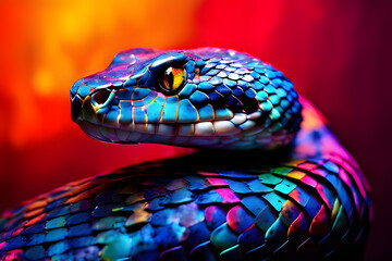 Fototapeta premium A vibrant abstract portrait of a viper snake, its scales adorned with a kaleidoscope of colors. The snake's skin is a canvas for a riot of hues, creating a mesmerizing interplay of light and shadow. 