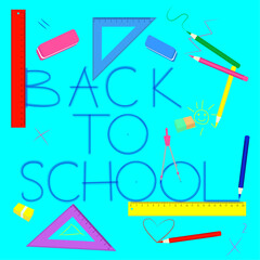 Back to school: letters surrounded by erasers, rulers, and compasses on a blue background.