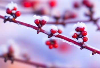 A close-up of red berries on frozen branches with hoarfrost on them