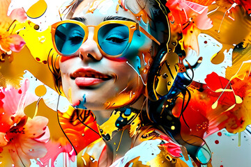 portrait abstract face of a girl with glasses and headphones multicolored spots flowers explosion of colors abstract illustration