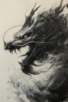 A dargon in a black ink painting dargon powerful presence and intricate details convey its strength and majesty
