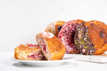 Set of various Round Croissants, Trendy baked Sweet Pastry