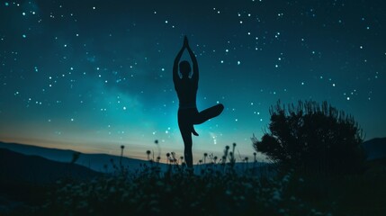 In the nighttime, a silhouette of an outdoors yoga practitioner is practicing