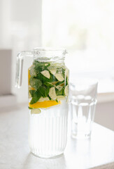 diet water. Cucumber, lemon, mint lemonade in glasses