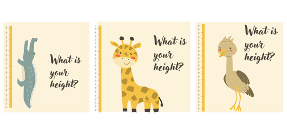 Kids height chart concept. Beautiful yellow ruler with cute crocodile, giraffe and ostrich. Growth measurement equipment. Cartoon flat cute african animals with ruler set.