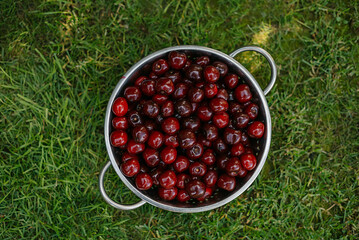 Red sweet cherries.  Pile of fresh red ripe sweet cherry. Top view, flat lay.