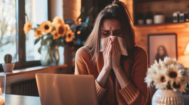Laptop, remote work and sick woman in home office with flu, cold or viral infection in her house. Freelance, sneeze and lady