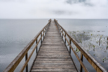 pier going into the lake in the fog early in the morning on Lake Teletskoye