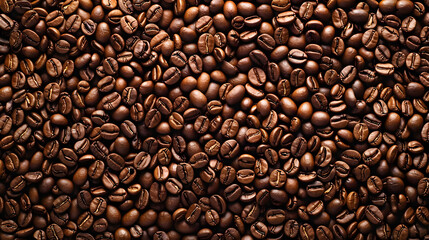 Obraz premium Top view of brown coffee beans scattered on the surface.
