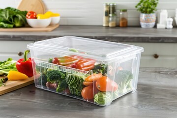 Clear Plastic Storage Container Filled With Fresh Produce in Kitchen