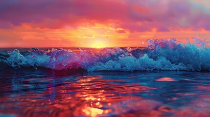 Fototapeta premium The vibrant colors of a sunset reflected in the rippling waves of the ocean.