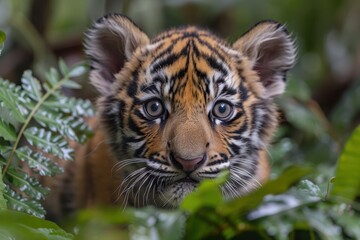 Obraz premium Baby Tiger: A curious tiger cub with orange fur and black stripes, prowling through the dense jungle foliage.
