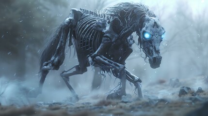 A skeletal horse with a detailed skeleton running through a dark, eerie landscape, evoking a sense of the supernatural and the macabre.