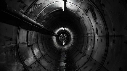 Industrial steel tunnel - dark and gritty with dramatic lighting on a white background.