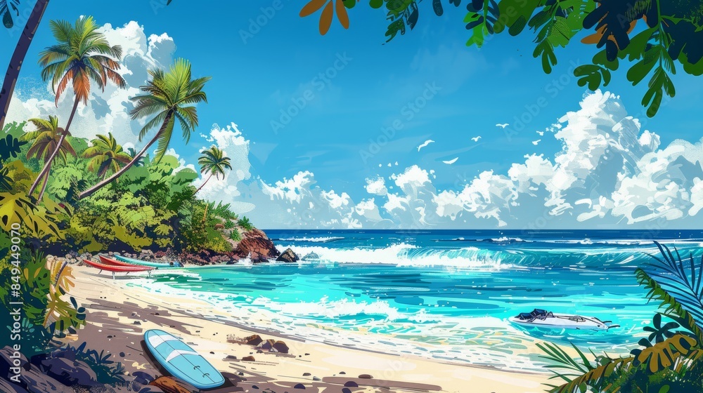 Wall mural A colorful, graphic illustration of a tropical beach scene, with palm trees, surfboards, and a crystal-clear ocean under a bright blue sky.