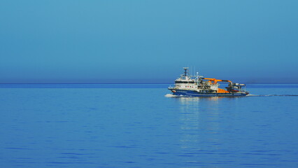 Fishing Boat In The Black Sea. Clear Good Weather In Morning. Still.