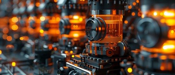 Orange electrical isolator with detailed insulator fins and metal hardware, positioned in a hightech facility, background of other electrical equipment with glowing lights, Photorealistic, Highdetail 