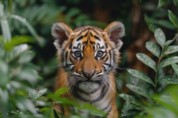 Fototapeta premium Baby Tiger: A curious tiger cub with orange fur and black stripes, prowling through the dense jungle foliage.