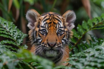 Fototapeta premium Baby Tiger: A curious tiger cub with orange fur and black stripes, prowling through the dense jungle foliage.