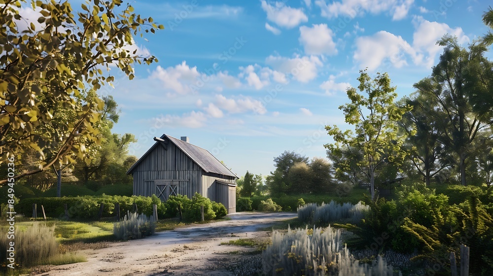 Poster a small barnhouse house on a plot with a path trees and bushes under a blue sky : generative ai