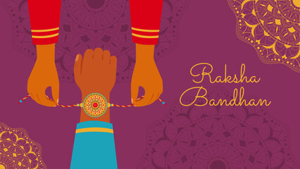 Indian holiday Raksha Bandhan.Sister giving rakhi bracelet to brother.Horizontal banner.Greeting card.Vector stock illustration.