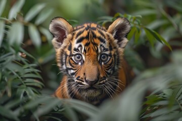 Fototapeta premium Baby Tiger: A curious tiger cub with orange fur and black stripes, prowling through the dense jungle foliage.