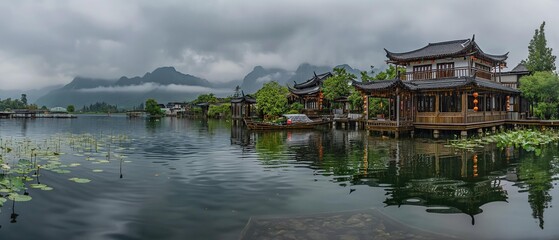 Obraz premium AI ​​generator image of Guilin Water Village has a beautiful gray landscape. Moments before a heavy rainstorm. Atmosphere. Gloomy, humid in the rainy season