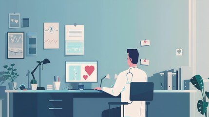 A doctor using a computer in a modern office, with various medical charts and diagrams on the wall, symbolizing the use of technology in healthcare for patient monitoring and analysis.